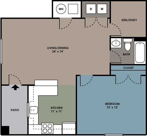 Floor plan for 1 bed, 1 bath, 927 sqft